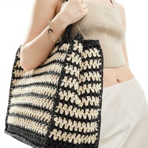 Abercrombie & Fitch striped beach shopper bag in black and cream-Multi