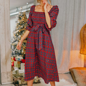 Abigai Belted Tartan Plaid Maxi Dress