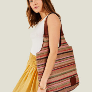 Accessorize Womens Brown, Pink and Green Stripe Raffia Shoulder Bag, Size: 40x39cm