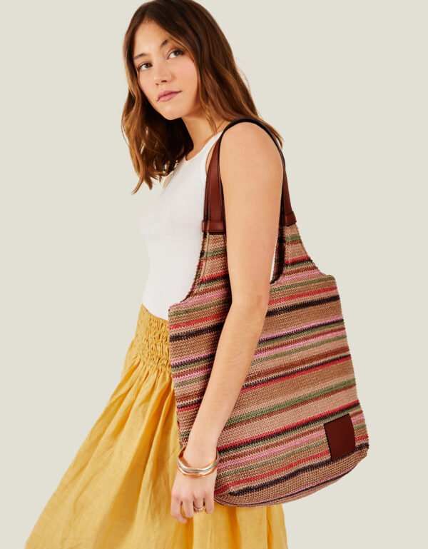 Accessorize Womens Brown, Pink and Green Stripe Raffia Shoulder Bag, Size: 40x39cm