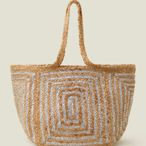 Accessorize Womens Brown/Silver Metallic Jute Beach Bag, Size: 36x49cm