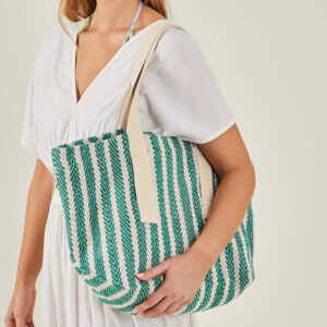 Accessorize Womens Green/Cream Stripe Woven Shoulder Bag, Size: 35x54cm