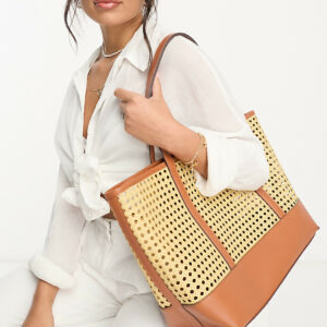 Accessorize oversized straw beach tote bag in contrast tan and beige-Multi