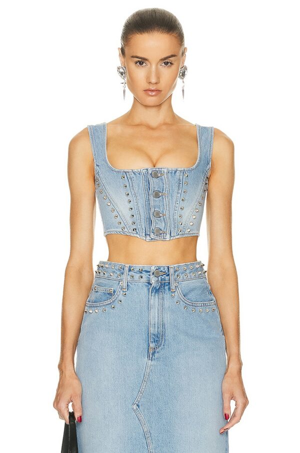 Alessandra Rich Denim Corset Top in Light Blue - Blue. Size 38 (also in 36).