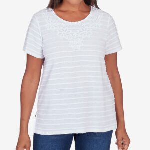 Alfred Dunner Women's Classic Neutrals Lace Neck Striped Split Hem T-shirt - White