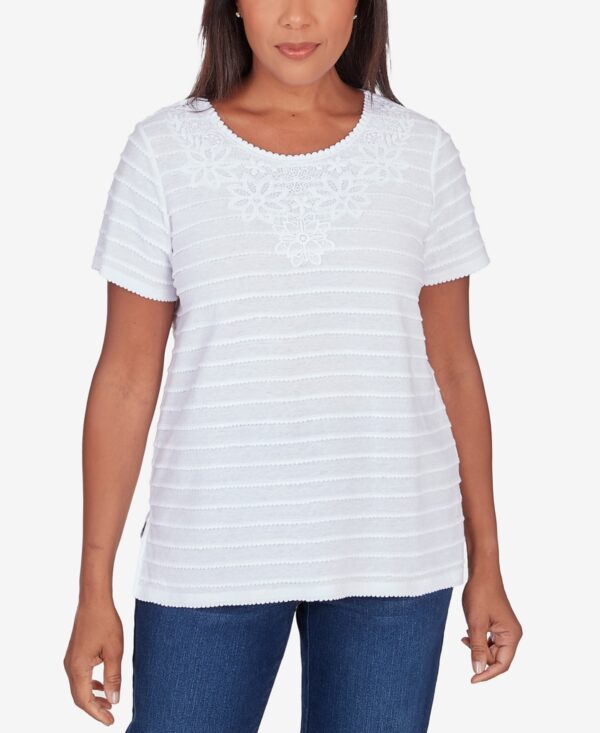 Alfred Dunner Women's Classic Neutrals Lace Neck Striped Split Hem T-shirt - White