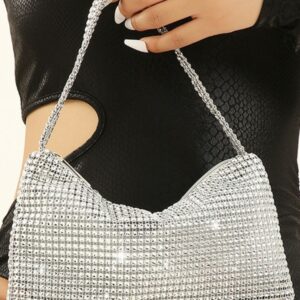 Allover Rhinestone Zipper Detail Evening Shoulder Bag