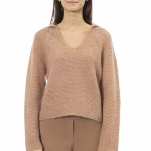 Alpha Studio Beige Long Sleeved V-Neck Women's T-Shirt