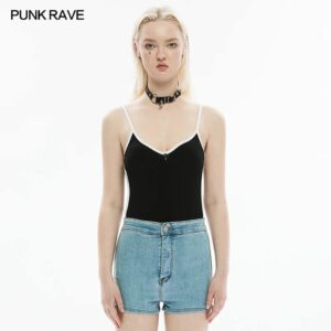 Alternative Punk Rave Sleeveless Strap Elastic Camisole Tank Top in Black, Women's (Size Medium)