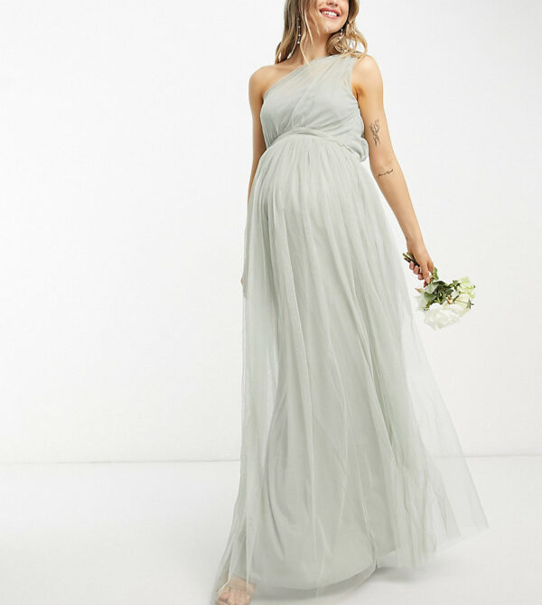 Anaya With Love Maternity Bridesmaid tulle one-shoulder maxi dress in sage green