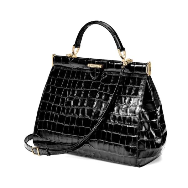 Aspinal of London Black Leather Crocodile Print Large Florence Frame Bag