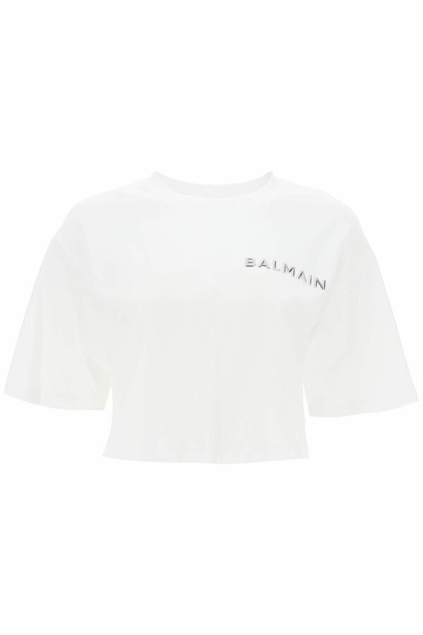 BALMAIN cropped t-shirt with metallic logo