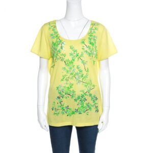 Balenciaga Yellow and Green Floral Cutout Printed T-Shirt M