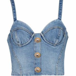 Balmain - Button-Embellished Denim Bustier Top - Blue - FR 34 - Moda Operandi