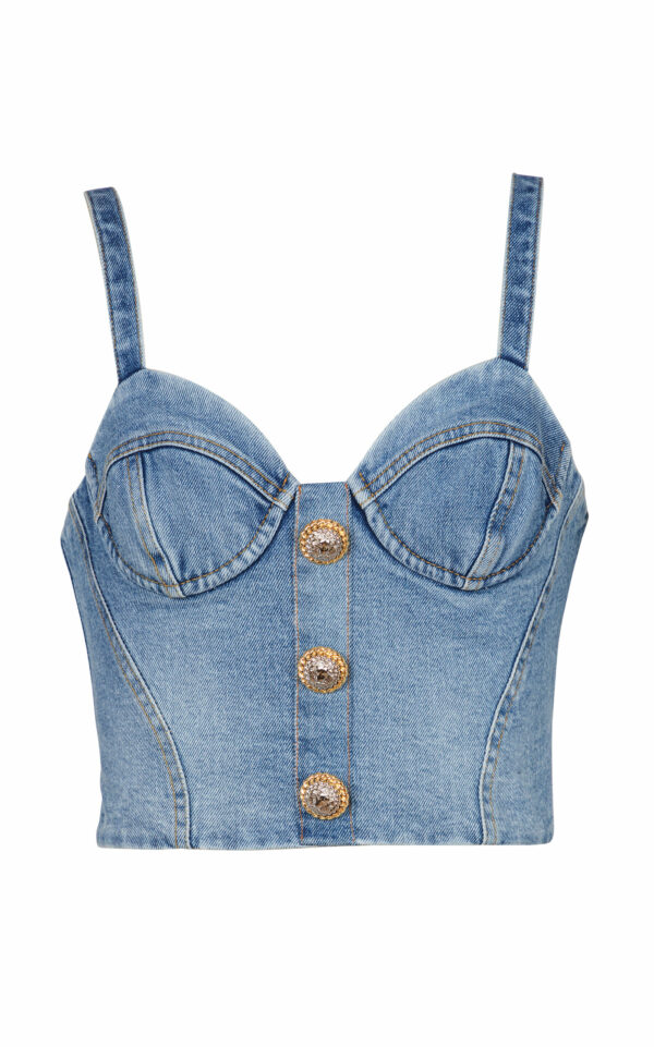 Balmain - Button-Embellished Denim Bustier Top - Blue - FR 34 - Moda Operandi