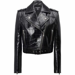 Balmain Leather Croc-Embossed Biker Jacket