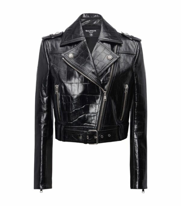 Balmain Leather Croc-Embossed Biker Jacket