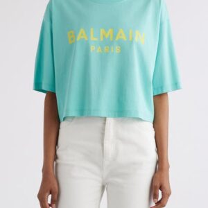 Balmain Logo Crop Cotton Graphic T-Shirt in Ukf Pale Green/Multi at Nordstrom, Size Small