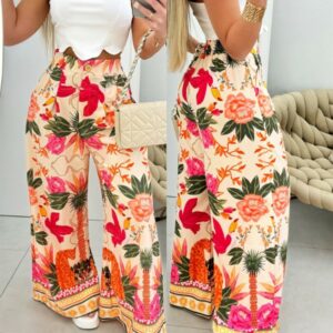 Bandeau Asymmetrical Top & Tropical Floral Animal Geometric Print Pants Set