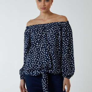 Bardot Balloon Sleeve Knot Top - S / NAVY