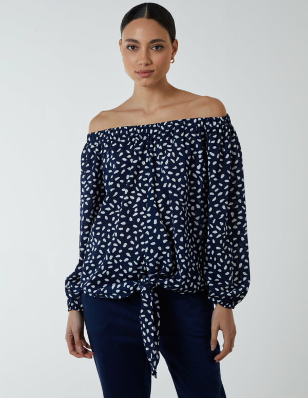 Bardot Balloon Sleeve Knot Top - S / NAVY