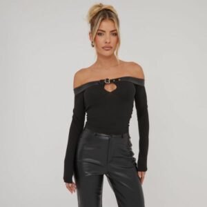 Bardot Buckle Detail Top In Black, Women's Size UK Small S