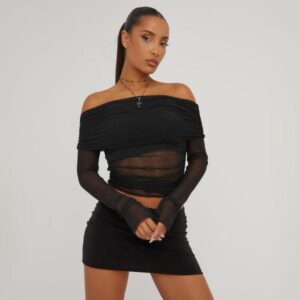 Bardot Fold Over Detail Crop Top In Black Mesh, Women's Size UK Large L