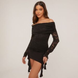 Bardot Fold Over Top In Black Lace, Women's Size UK Large L