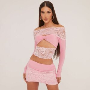 Bardot Lace Detail Cut Out Crop Top In Pink Slinky, Women's Size UK 10