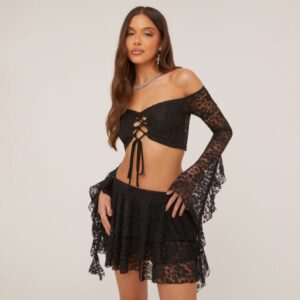 Bardot Lace Up Front Crop Top In Black Lace, Women's Size UK 14