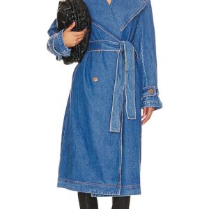 Bardot Oversized Denim Trench Coat in Blue. Size L, S.