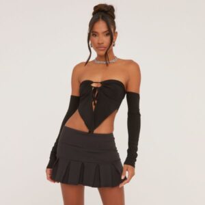 Bardot Tie Front Split Hem Crop Top In Black Slinky, Women's Size UK 8