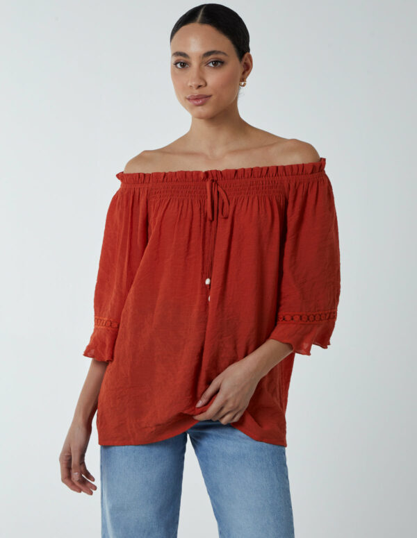 Bardot Tie Front Top - S / ORANGE