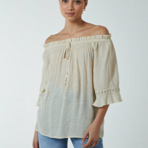 Bardot Tie Front Top - S / STONE