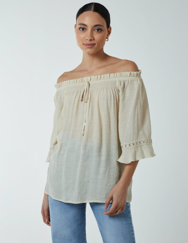 Bardot Tie Front Top - S / STONE