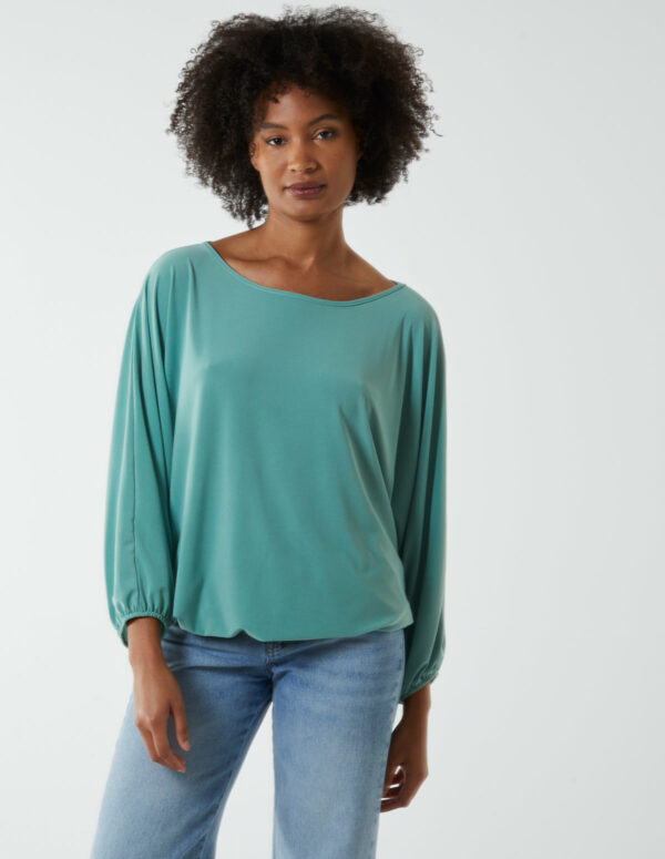 Batwing Necklace Elasticated Hem Top - ONE / Sage