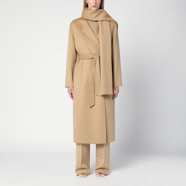 Beige wool coat with scarf