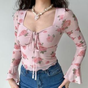 Bell Sleeve Rose Print Bow Detail Crop Top