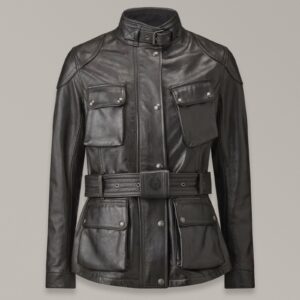 Belstaff Trialmaster Motorcycle Jacket Women's Hand Waxed Leather Antique Black Size UK 16