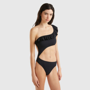 Benetton, One-piece One-shoulder Swimsuit In Econyl®, size 32, Black, Women