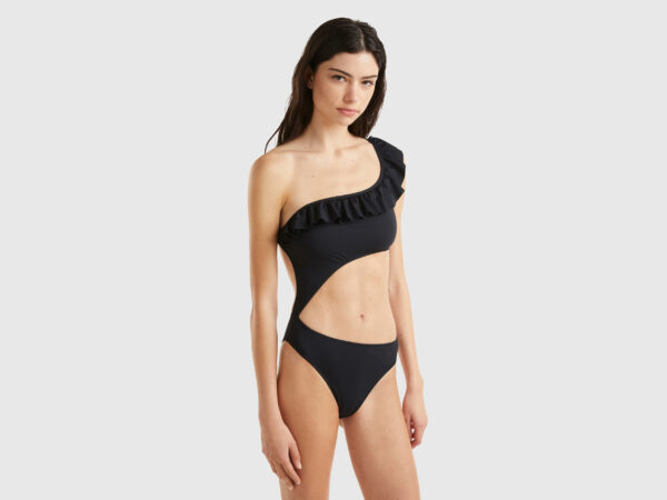 Benetton, One-piece One-shoulder Swimsuit In Econyl®, size 32, Black, Women