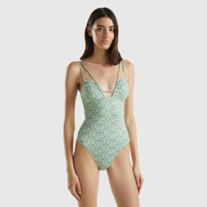 Benetton, One-piece Swimsuit With Flower Print, size 36, Military Green, Women