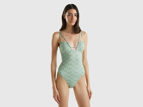 Benetton, One-piece Swimsuit With Flower Print, size 36, Military Green, Women