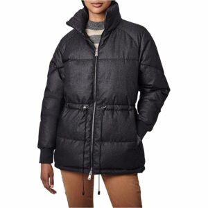 Bernardo Fashions Herringbone Heavy Puffer Jacket with Cinched Waist (Black) Women's Clothing