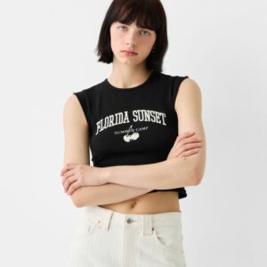 Bershka Embroidered Sleeveless Top Women 10-12 Black