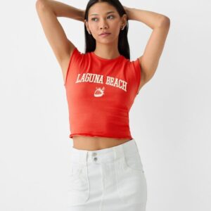 Bershka Embroidered Sleeveless Top Women 10-12 Red