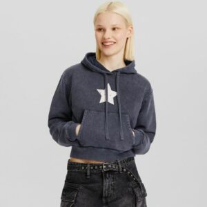 Bershka Hoodie With A Faded-Effect Print Women Xs Dark Grey