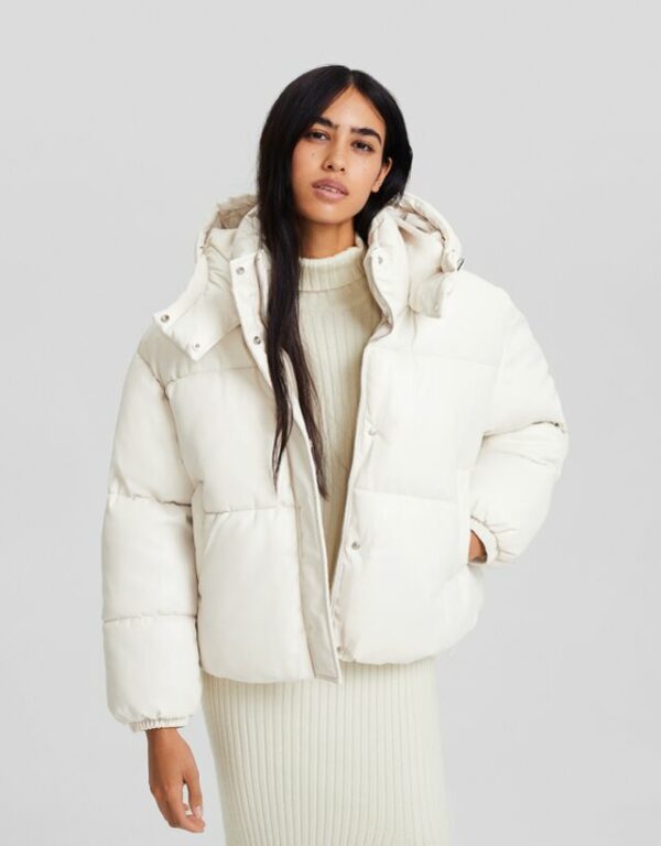 Bershka Leather Effect Puffer Jacket With Hood Women L Cream