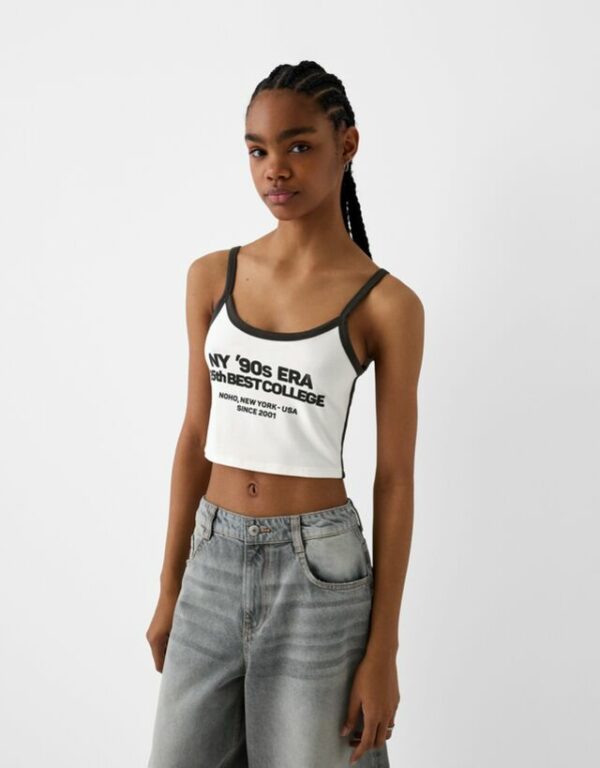 Bershka Printed Strappy Top Women S Cream