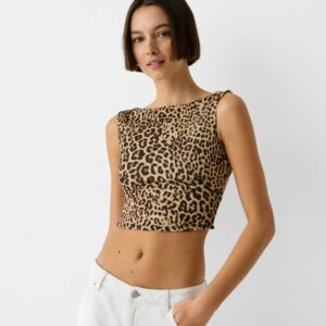 Bershka Sleeveless Animal Print Top Women Xs Beige